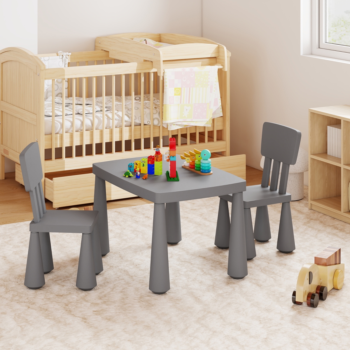 HW66810GR Multifunction Activity Kids Play Table & Chair Set, Gray - 3 Piece