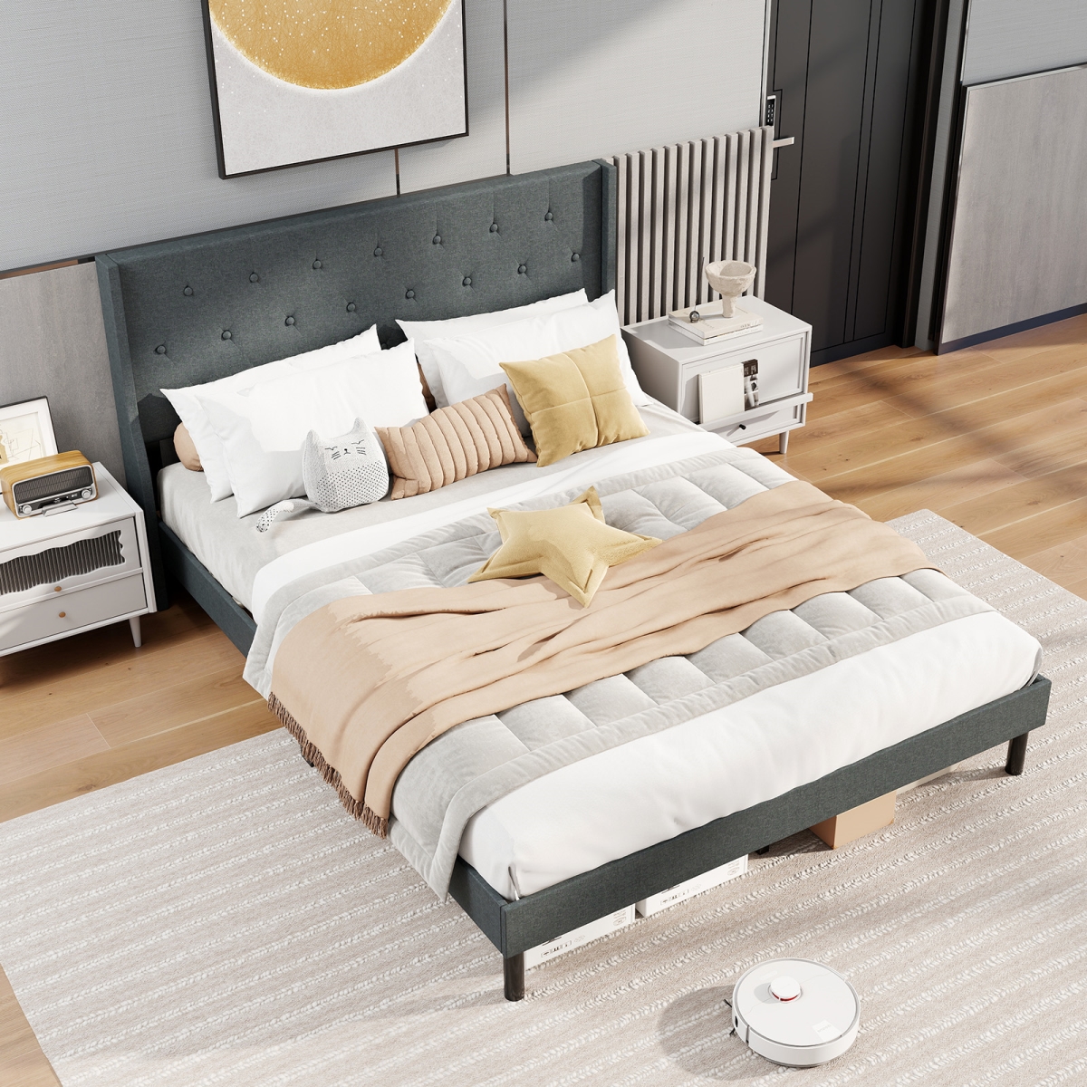 HU11137GR Upholstered Bed Frame with Button Tufted Wingback Headboard & Wooden Slats Support Mattress Foundation, Gray - Queen Size