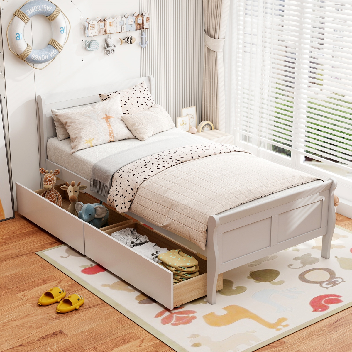 HU11230WH-T Sleigh Bed with 2 Storage Drawers Wood Platform Bed Frame, White - Twin Size