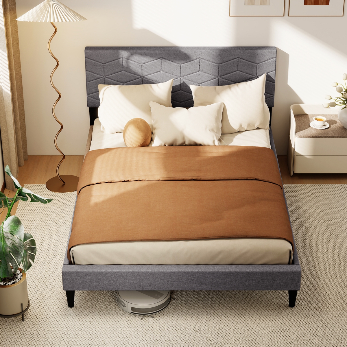HU11283LR-F Bed Frame Modern Platform Bed with Linen Fabric Upholstered Headboard, Gray - Full Size