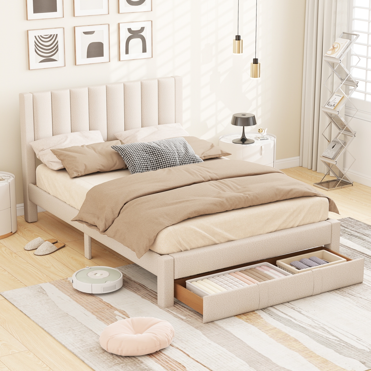 HU11285BE-Q Bed Frame with Storage Drawer & Vertical Channel Headboard, Beige - Queen Size