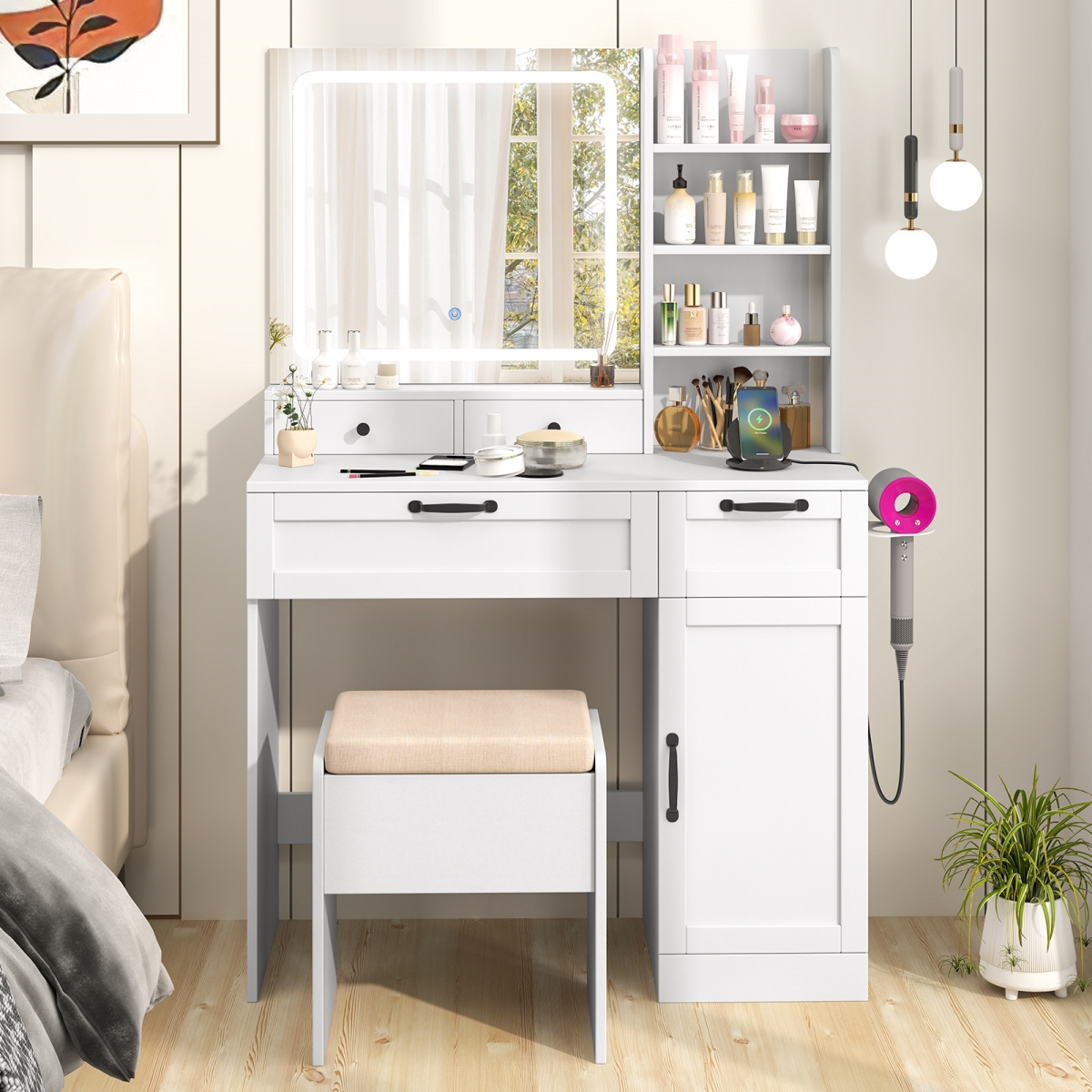 HU10845US-WH Vanity Set with Mirror & 3 Lighting Modes & Adjustable Brightness, White