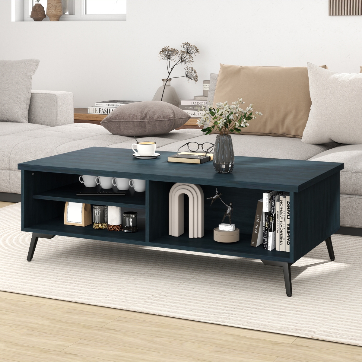 HV10850GN 2-Tier Mid Century Modern Coffee Table with Storage Shelves Compartments, Blue