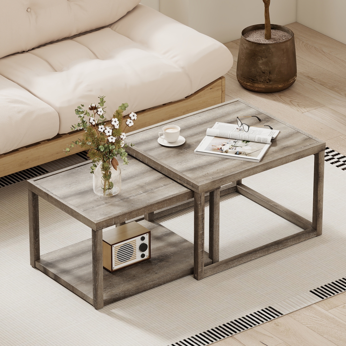 HV10789GR Nesting Coffee Table - Stackable Rectangular End Tables, Gray - Set of 2