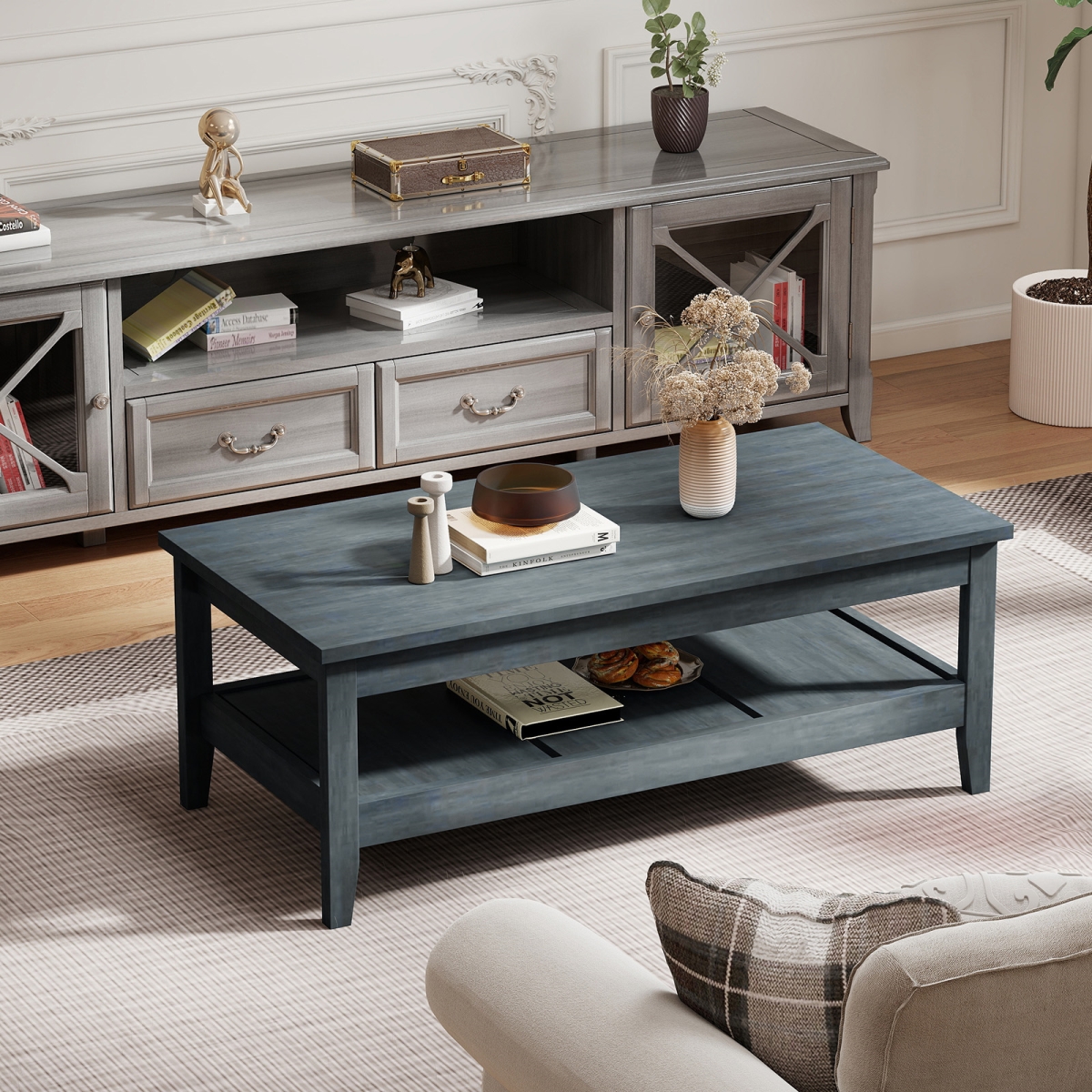 HV10849GN Farmhouse Coffee Table - Rustic Cocktail Center Table with Thickened Tabletop, Blue