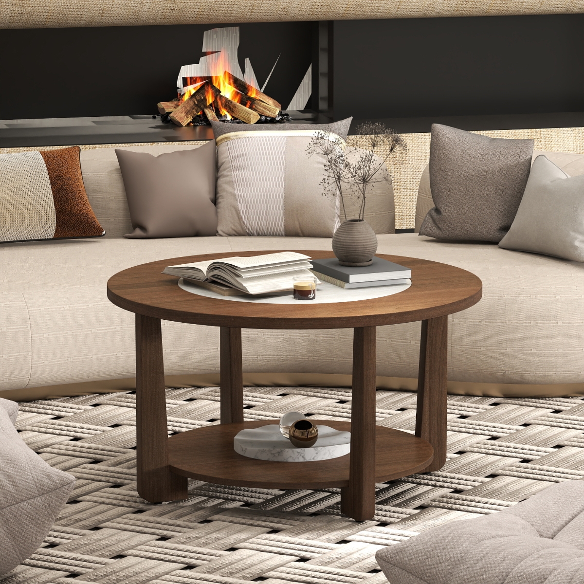 HV10893BN Farmhouse Accent Round Coffee Table with 2-Tone Tabletop & Open Storage Shelf for Living Room, Brown