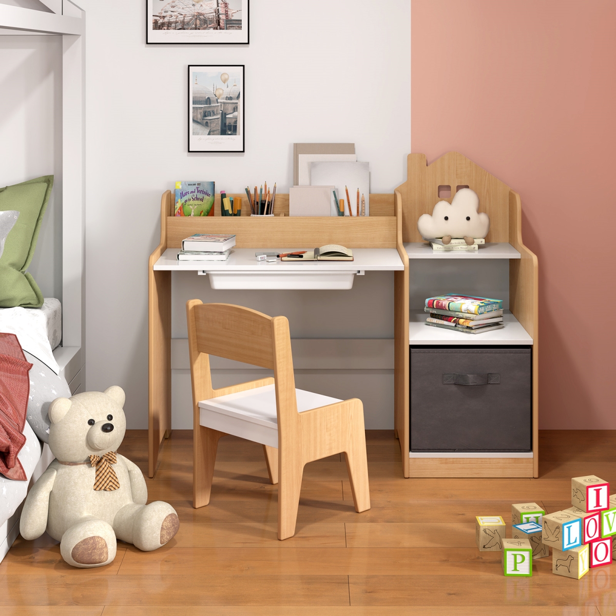 HY10354NA Kids Study Desk & Chair Set with Open Shelves Drawer & Fabric Storage Bin, Natural