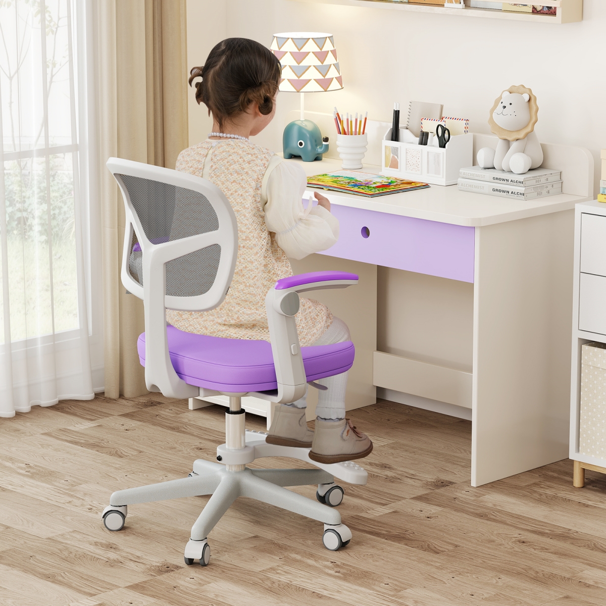HY10398VT Kids Desk Chair Children Study Chair with Adjustable Height Armrest & Footrest, Purple