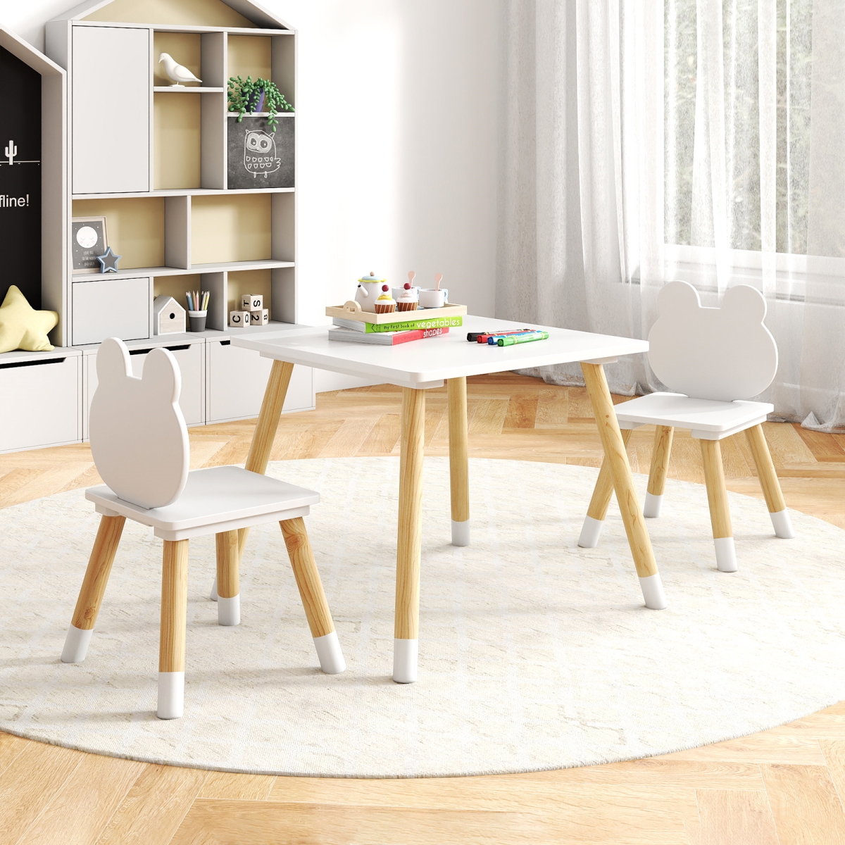 HY10424WH Kids Wooden Table & Chair Set with Cute Froggy Design, White - 3 Piece