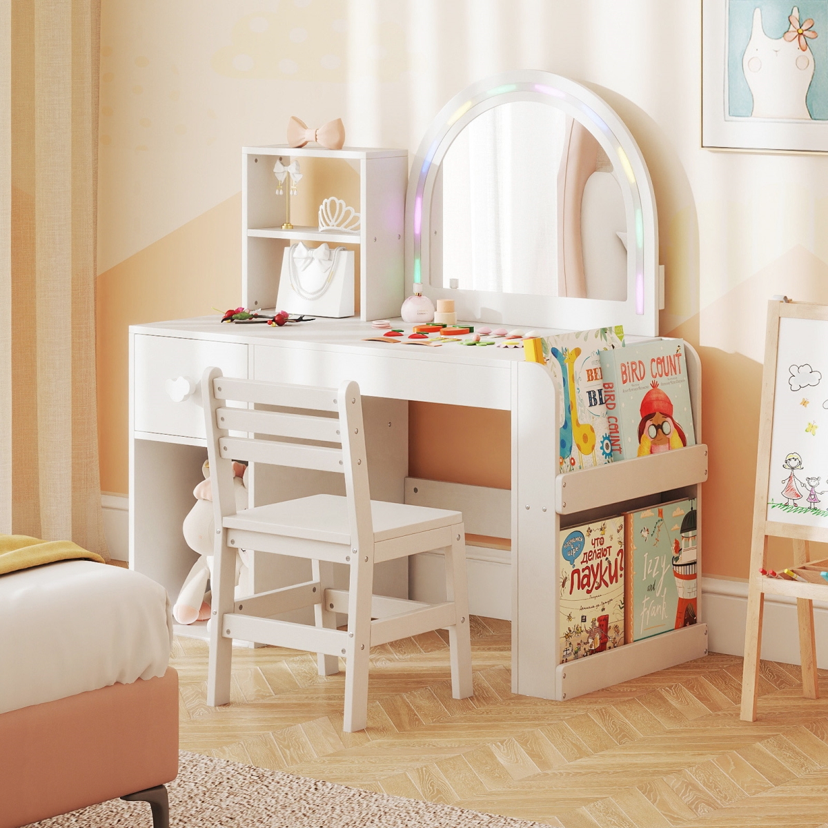 HY10439BS Kids Vanity Table & Chair Set with Lighted Mirror for Kids Aged 3 Plus Years Old, White
