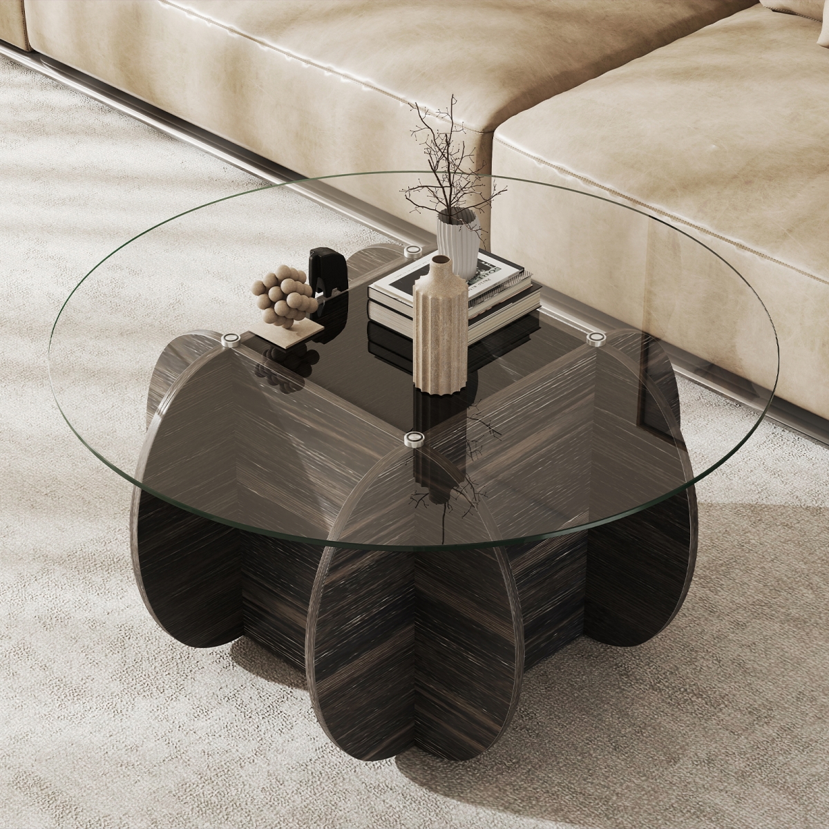 HV10791DK 35 in. Round Coffee Table - Unique Circle Center Table with Tempered Glass Top & Solid Wood Base, Black