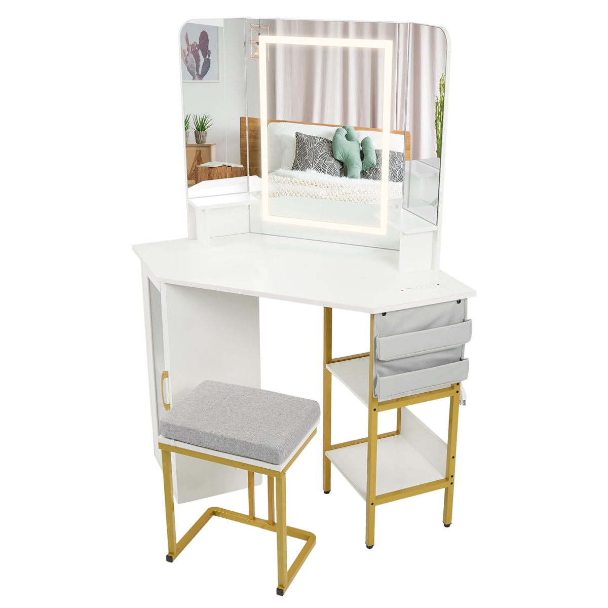 HU11191US-WH Corner Vanity Desk with Mirror & Lights Makeup Dressing Table with Triple Mirror, White
