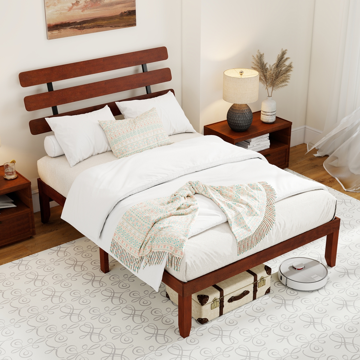 HU11013WN-F 15.5 in. Bed Frame Solid Wood Platform Bed with Retro Headboard, Walnut - Full Size