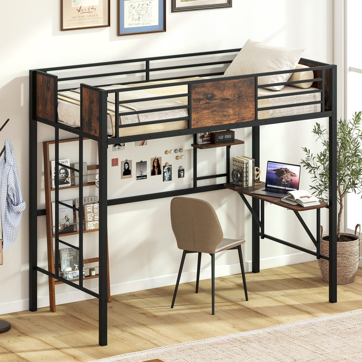 HU11030CF Space-Saving Twin Loft Bed with Safety Guardrail & Ladder, Coffee