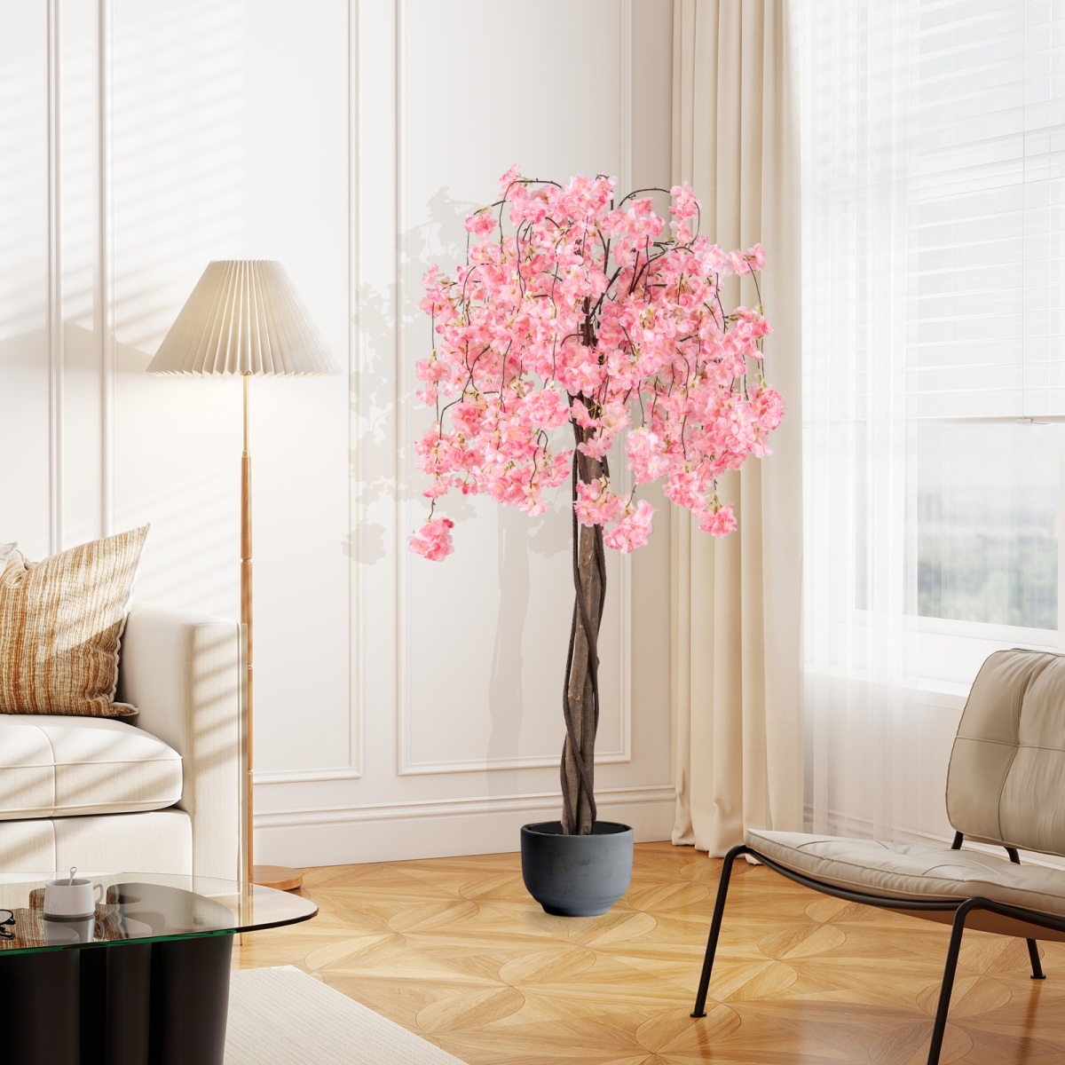 HZ10356PK-1 5.5 ft. Tall Artificial Cherry Blossom Tree with White Flowers, Pink