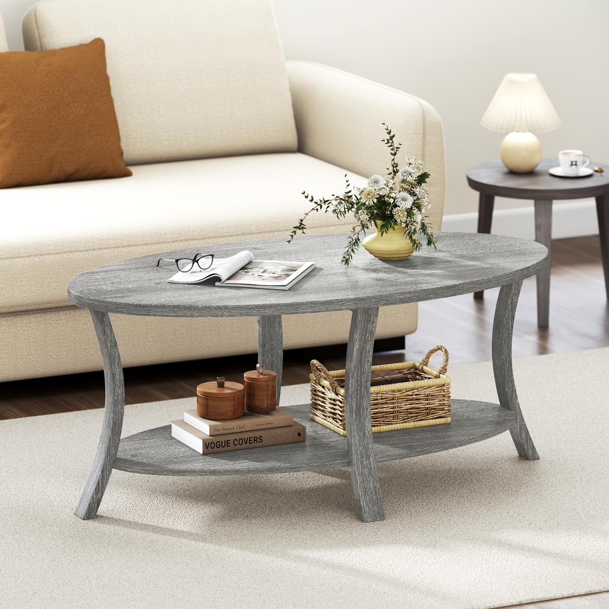 HV10792GR Oval Coffee Table - 2-Tier Center Table with Storage Shelf, Gray