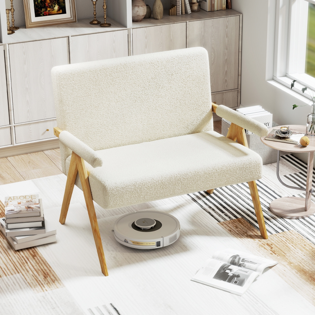 HV10824WH Loveseat Sofa with Armrests & Wooden Legs, Beige