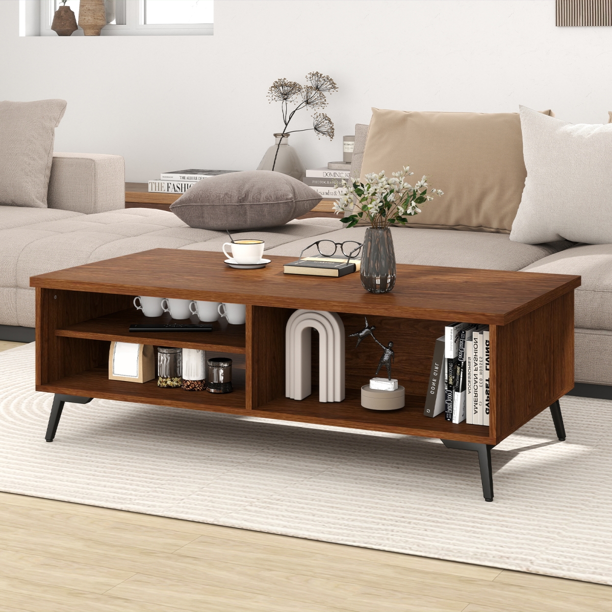 HV10850WL 2-Tier Mid Century Modern Coffee Table with Storage Shelves Compartments, Walnut