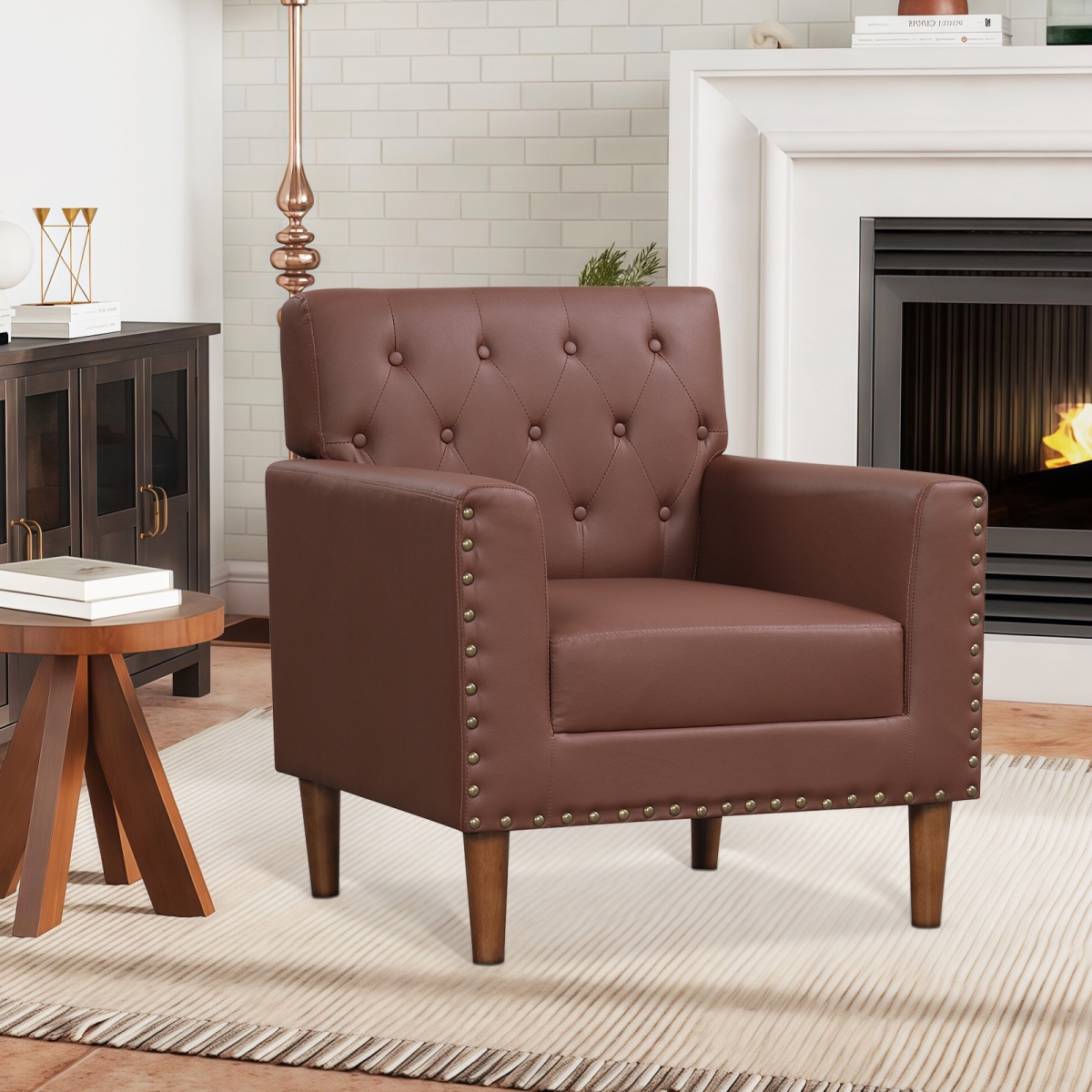 HV10905BN Mid Century Modern Accent Chair with Button Tufted Decoration & Rivets, Brown