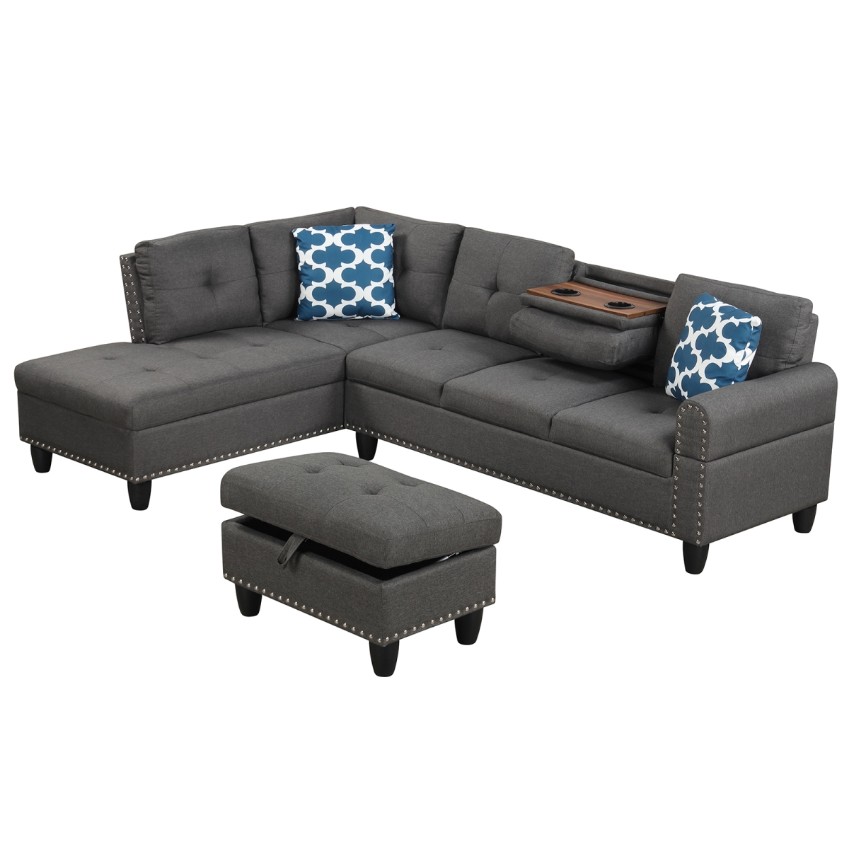 HV10919DG 98 in. Sectional Sofa Couch with Movable Storage Ottoman & Linen Fabric Backs, Dark Gray