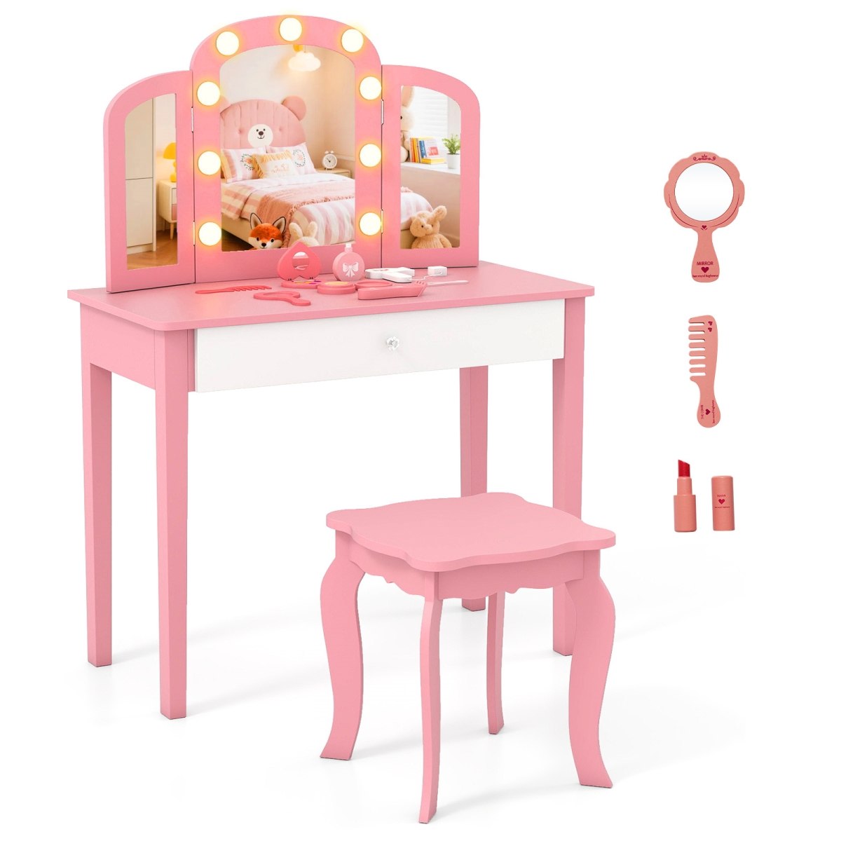 HY10484US-PI 2-in-1 Kids Vanity Table Set with Tri-Folding Detachable Mirror & Lights, Pink