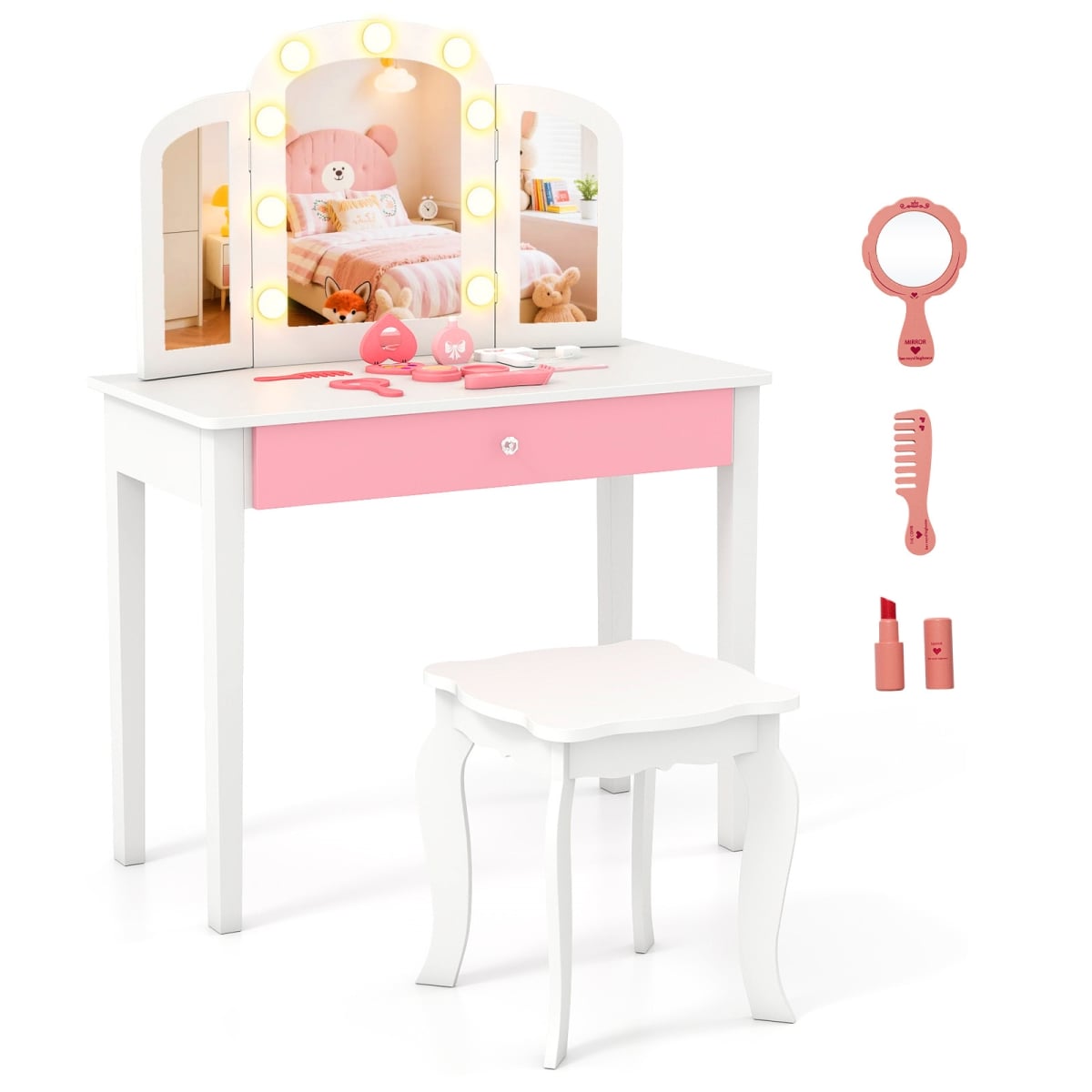 HY10484US-WH 2-in-1 Kids Vanity Table Set with Tri-Folding Detachable Mirror & Lights, White