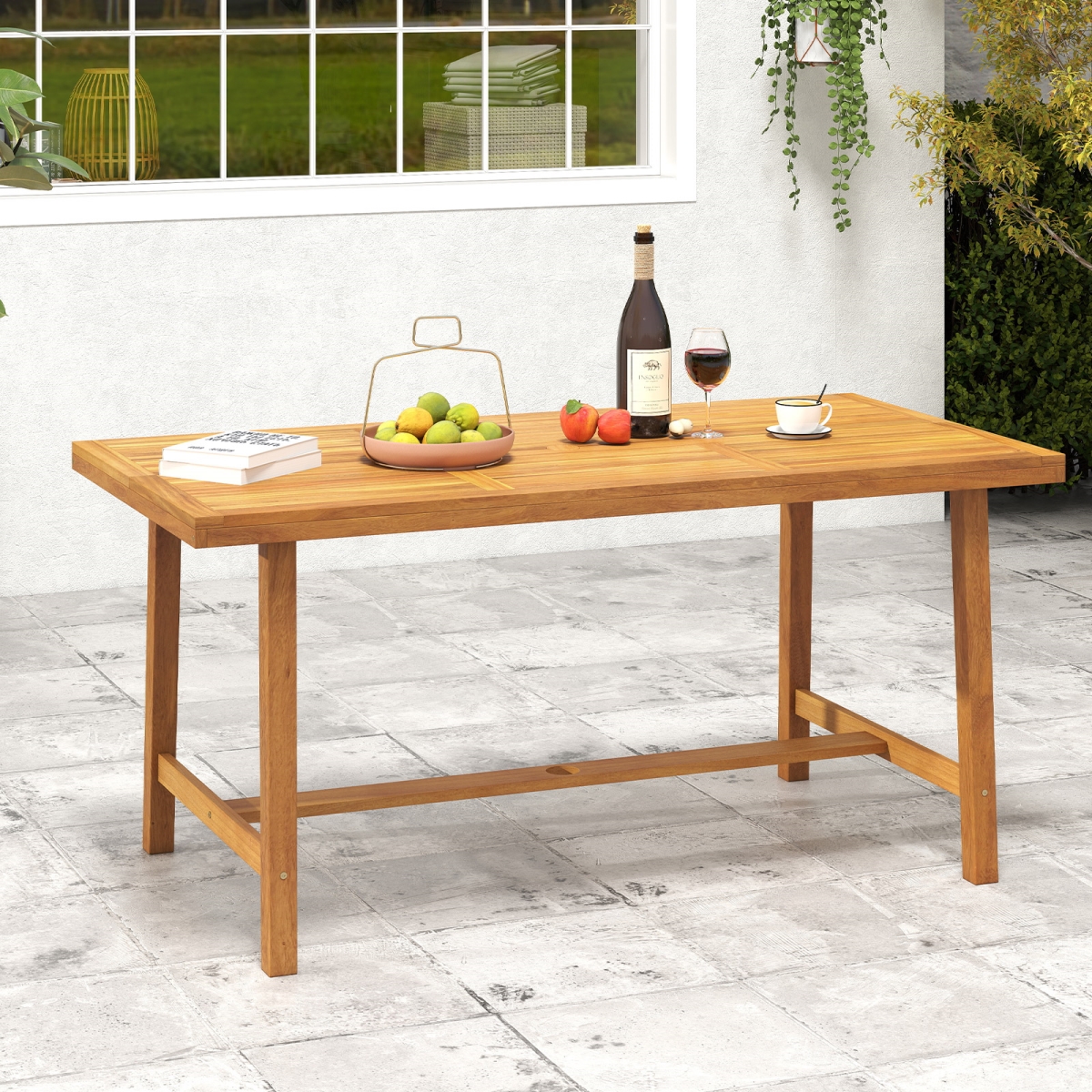 HW74382 Acacia Wood Dining Table for 6 People Heavy-Duty Indoor Outdoor, Natural