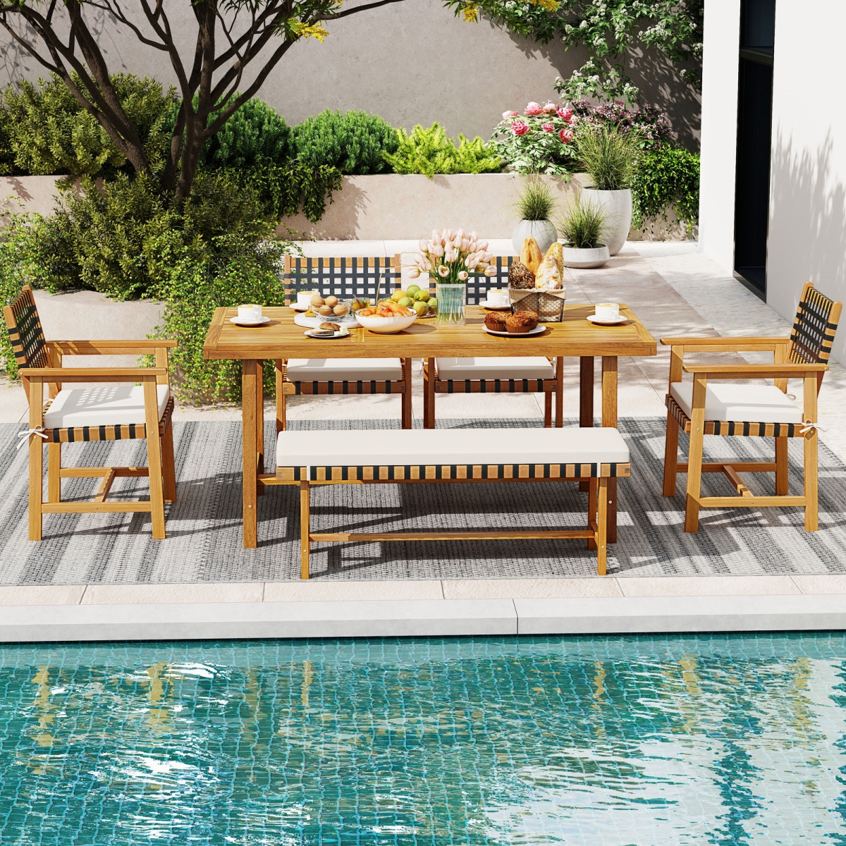 HW74382-2xHW74380WH-2-HW74381-1 Patio Dining Set for 5-6 People Farmhouse Furniture, Natural & Off White - 6 Piece