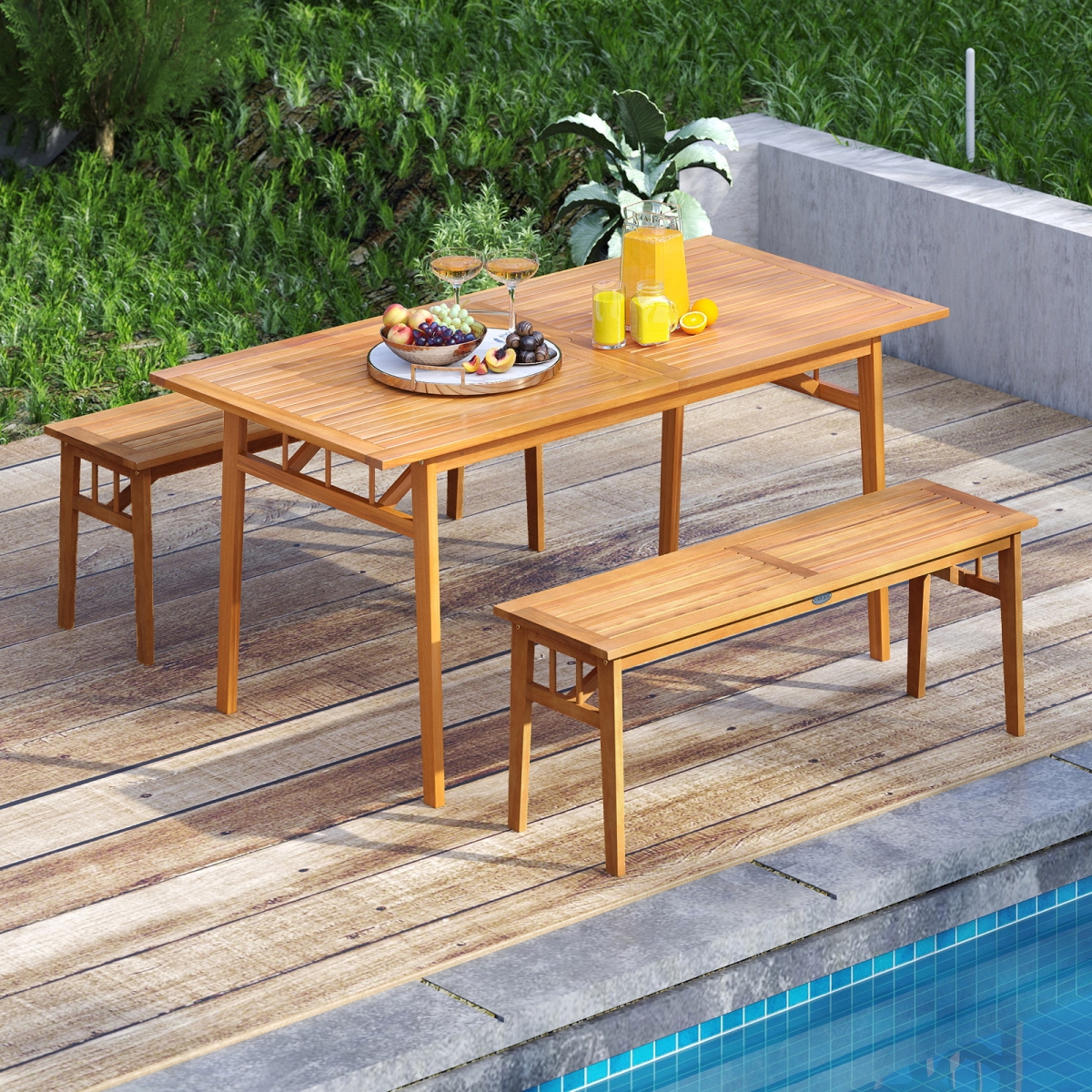 HW74385-HW74384-2 Patio Dining Set - Acacia Wood Outdoor Rectangular Picnic Table & 2 Benches, Natural - 3 Piece