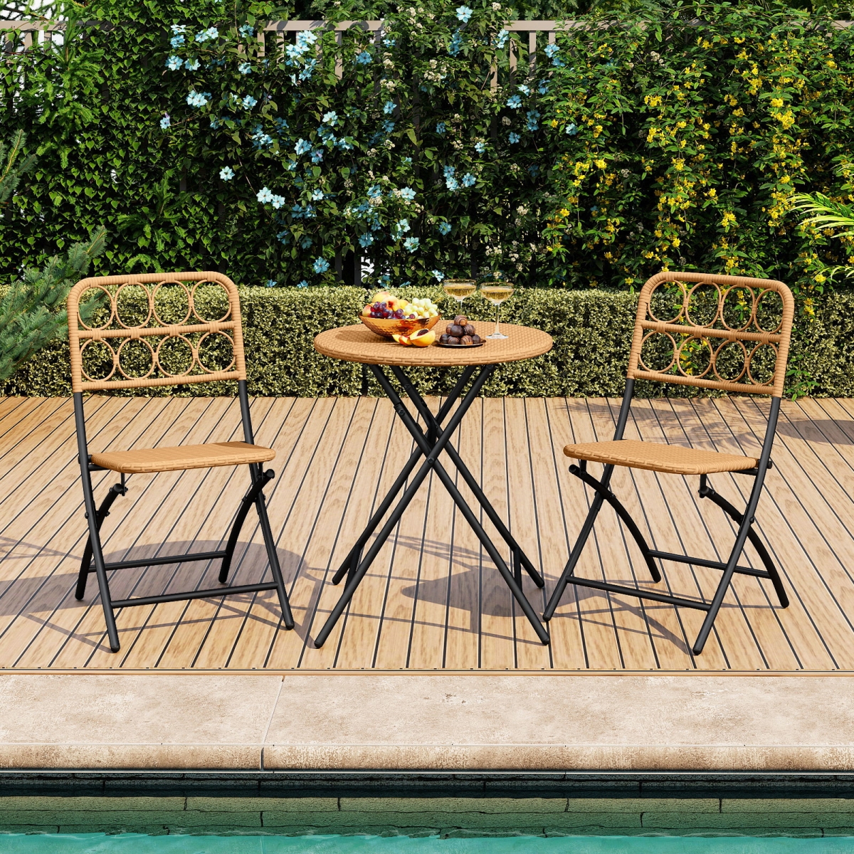 HW74722 Patio Bistro Set - Folding Round Table & Chairs with Wicker Seat, Light Brown - 3 Piece