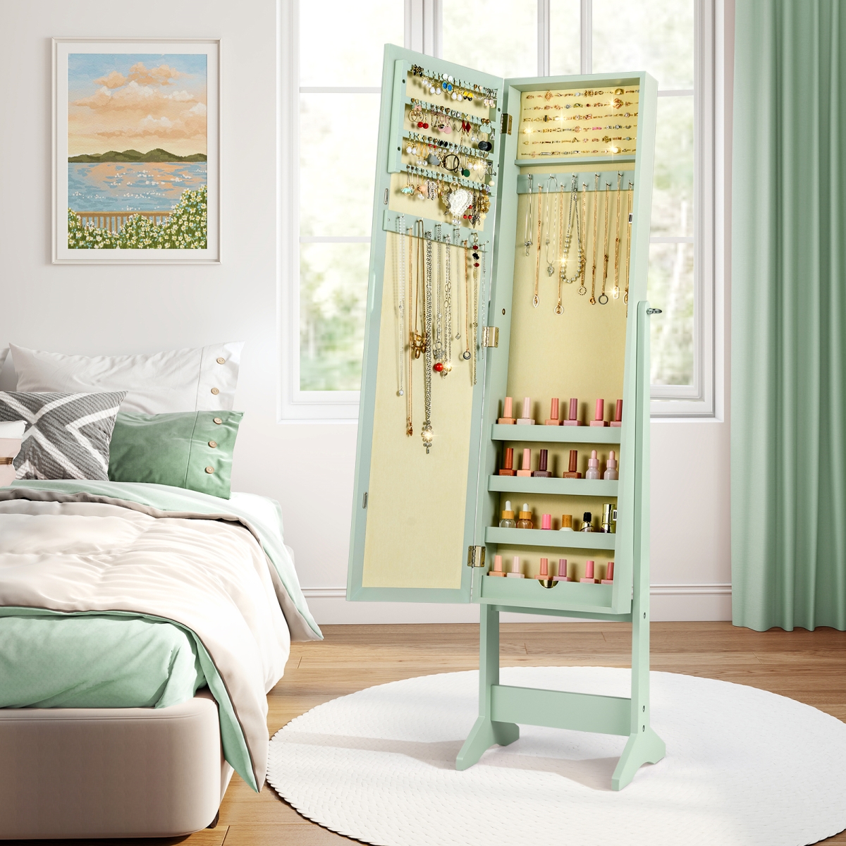 HW66419GN Mirrored Standing Jewelry Cabinet Storage Box, Green
