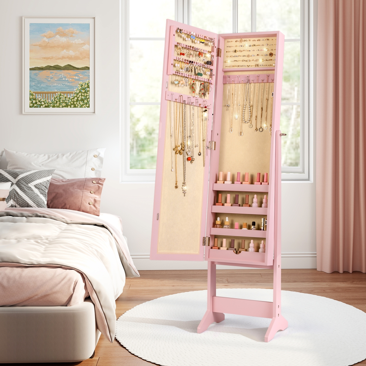 HW66419MK Mirrored Standing Jewelry Cabinet Storage Box, Pink