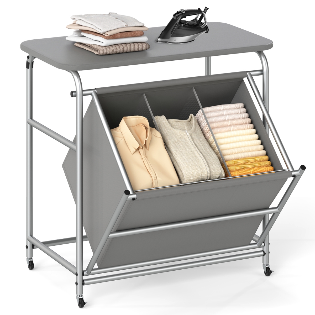 JV12970GR 3-Section Laundry Sorter with Foldable Ironing Board & Lockable Wheels, Gray
