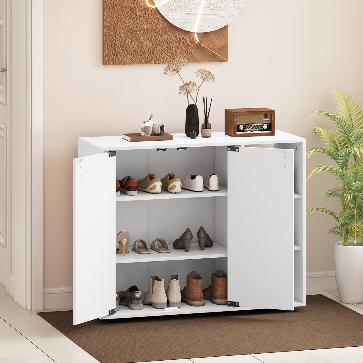 JV12999WH 3-Tier Shoe Cabinet with Doors with Adjustable Open Shelves for Entryway, White