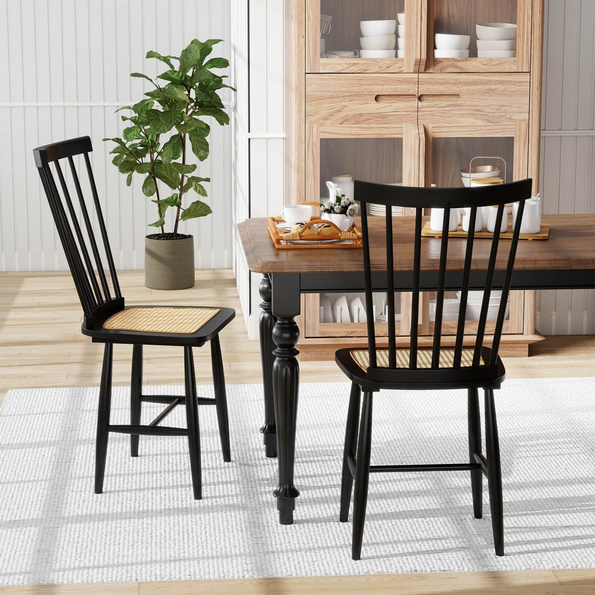 JV13038DK Farmhouse Solid Rubber Wood Dining Chairs with PE Rattan Seats, Black - Set of 2