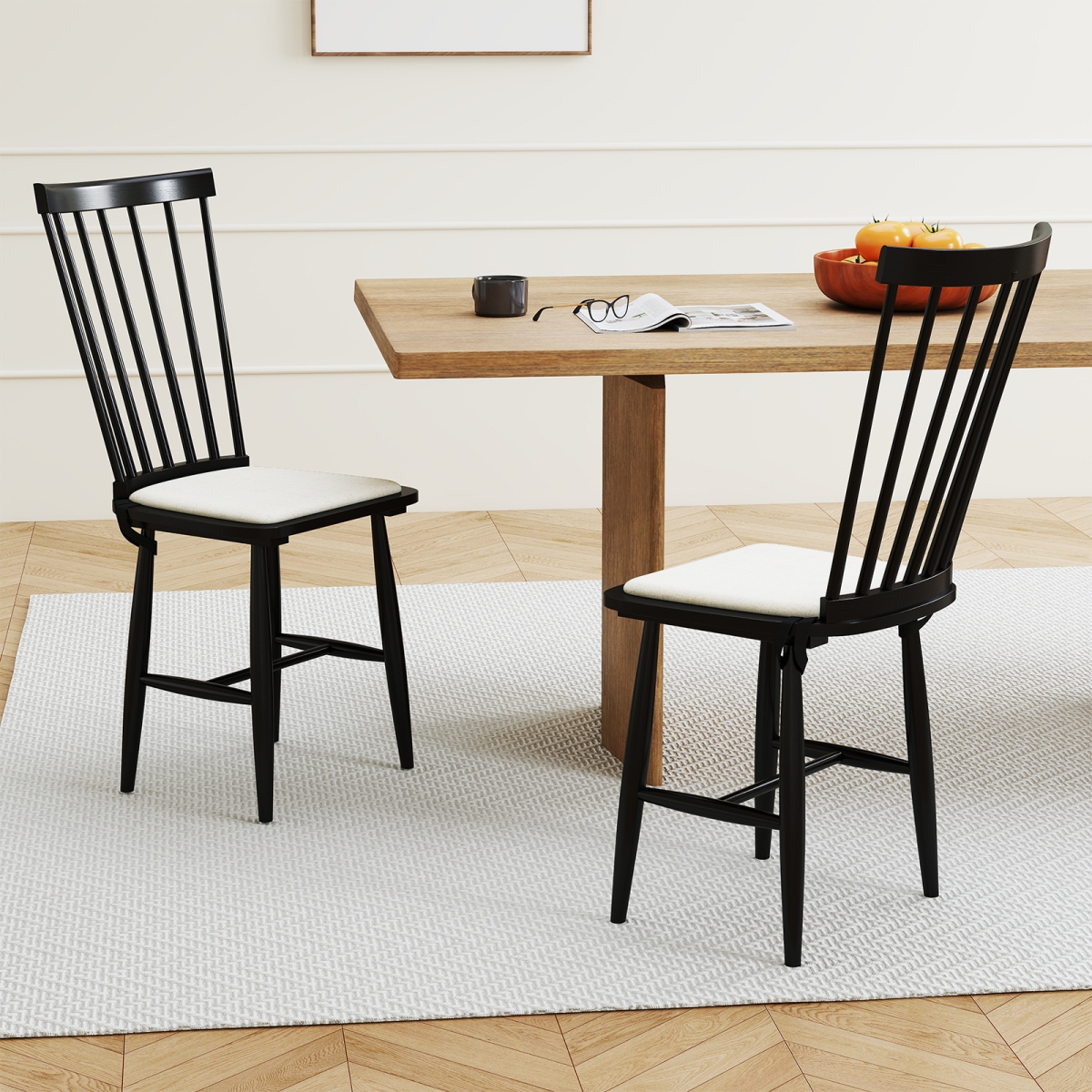 JV13039DK Farmhouse Windsor Dining Chairs - Solid Rubber Wood Chairs with Removable Seat Cushions, Black - Set of 2