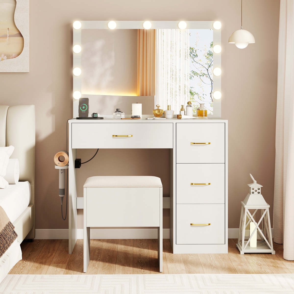 JV13117WH Vanity Desk with Mirror & Lights Makeup Dressing Table with Power Outlets, White