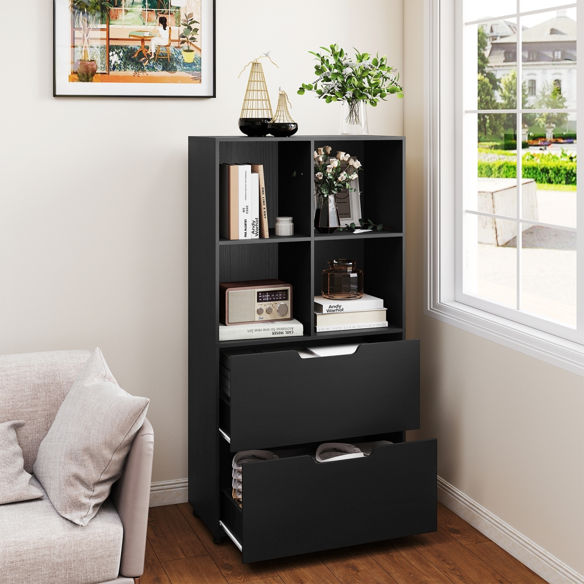 JV13188DK 4-Cube Bookcase with 2 Drawers 51 in. 5-Tier Tall Freestanding Bookshelf, Black