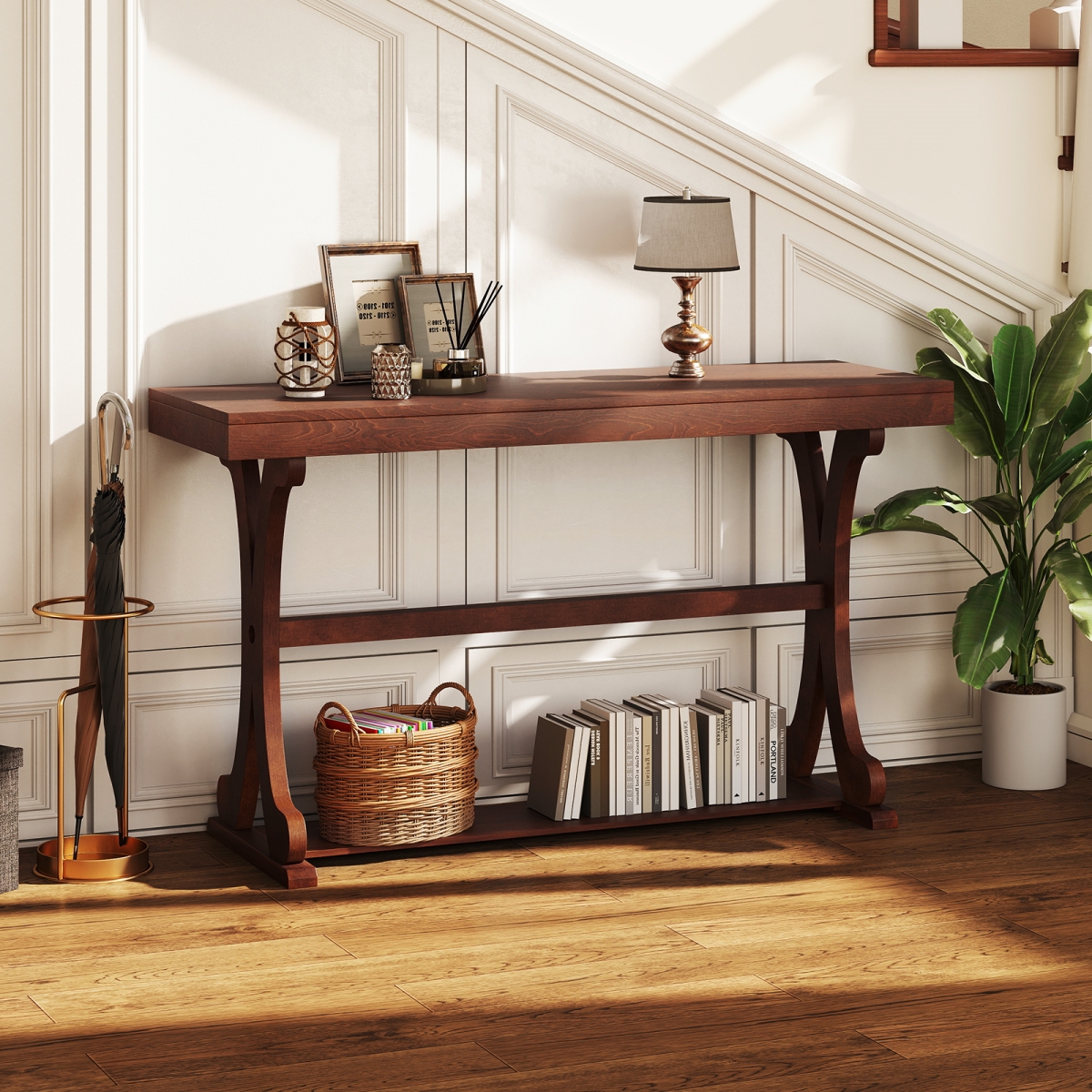 JV13215BN 52 in. Narrow Vintage Console Table with Open Storage Shelf, Walnut