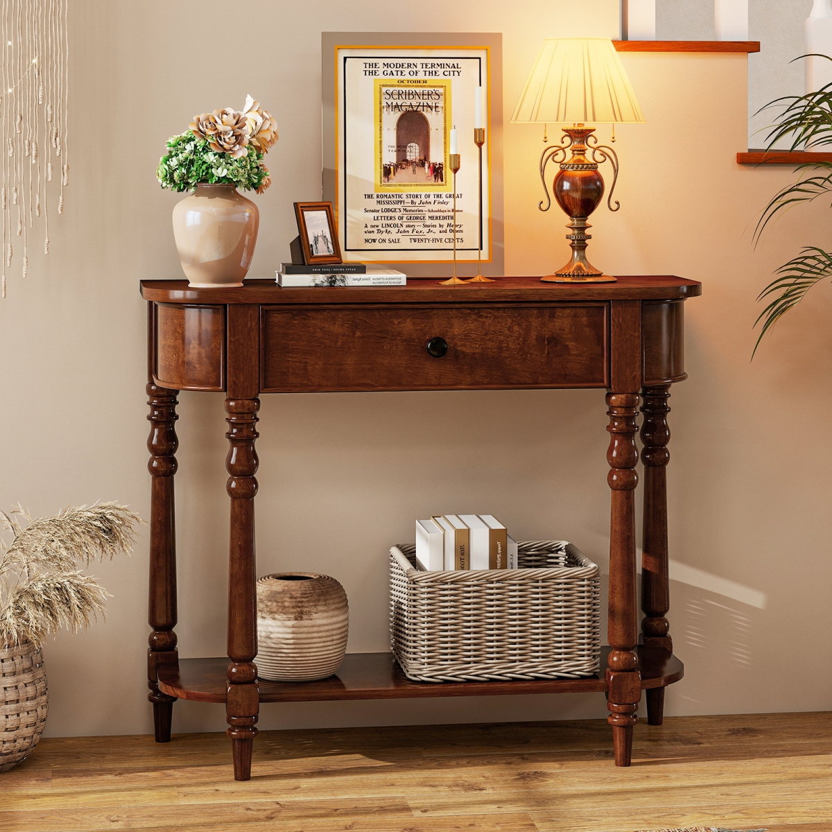 JV13216CF 36 in. Retro Console Table - Wooden 2-Tier Narrow Behind Couch Foyer Table, Brown