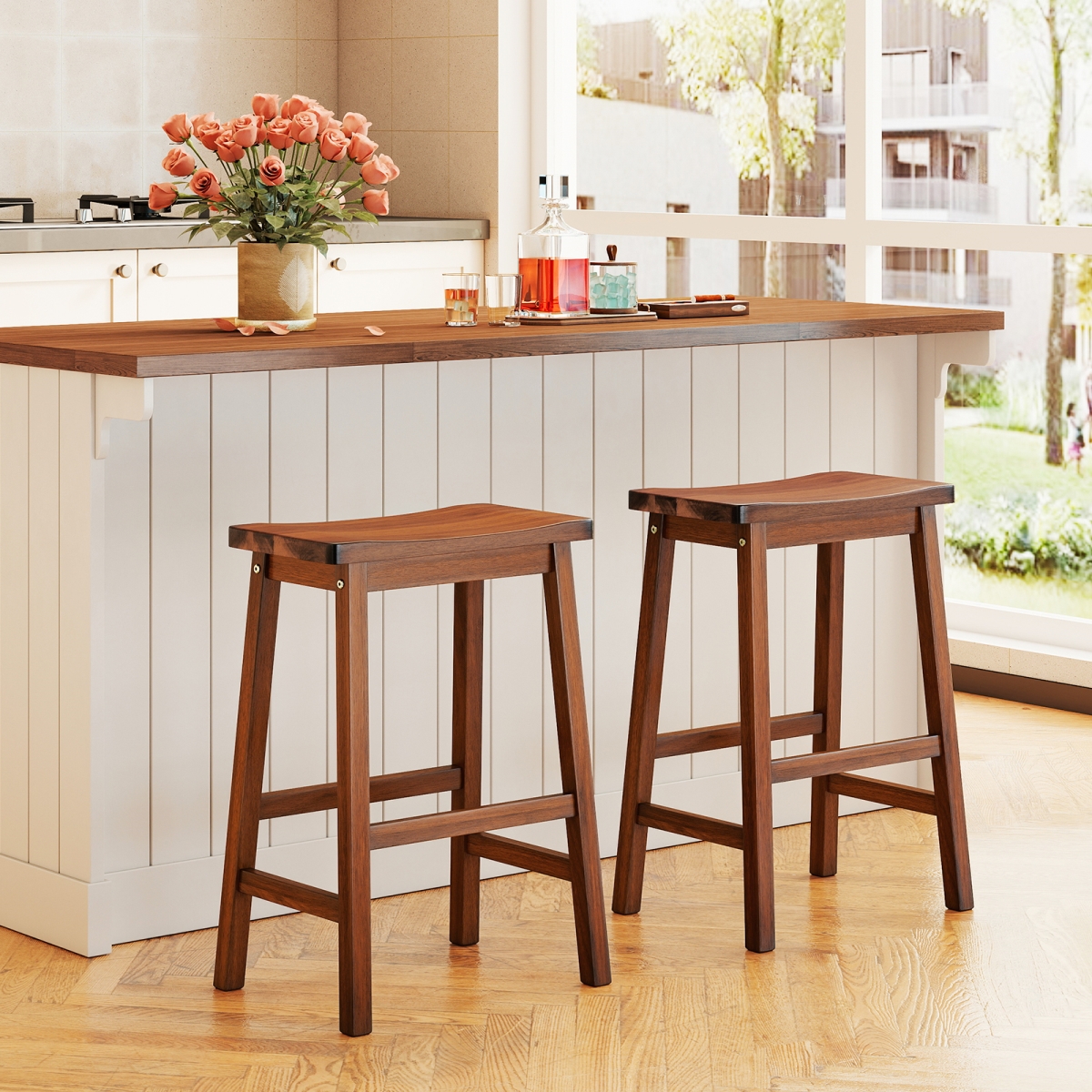 JV13217WN Saddle-Seat Counter Height Stools with Curved Seat & Footrests, Walnut - Set of 2