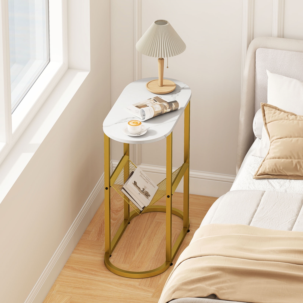 JV12717WH 2-Tier Industrial Oval Side Table with Mesh Shelf, White