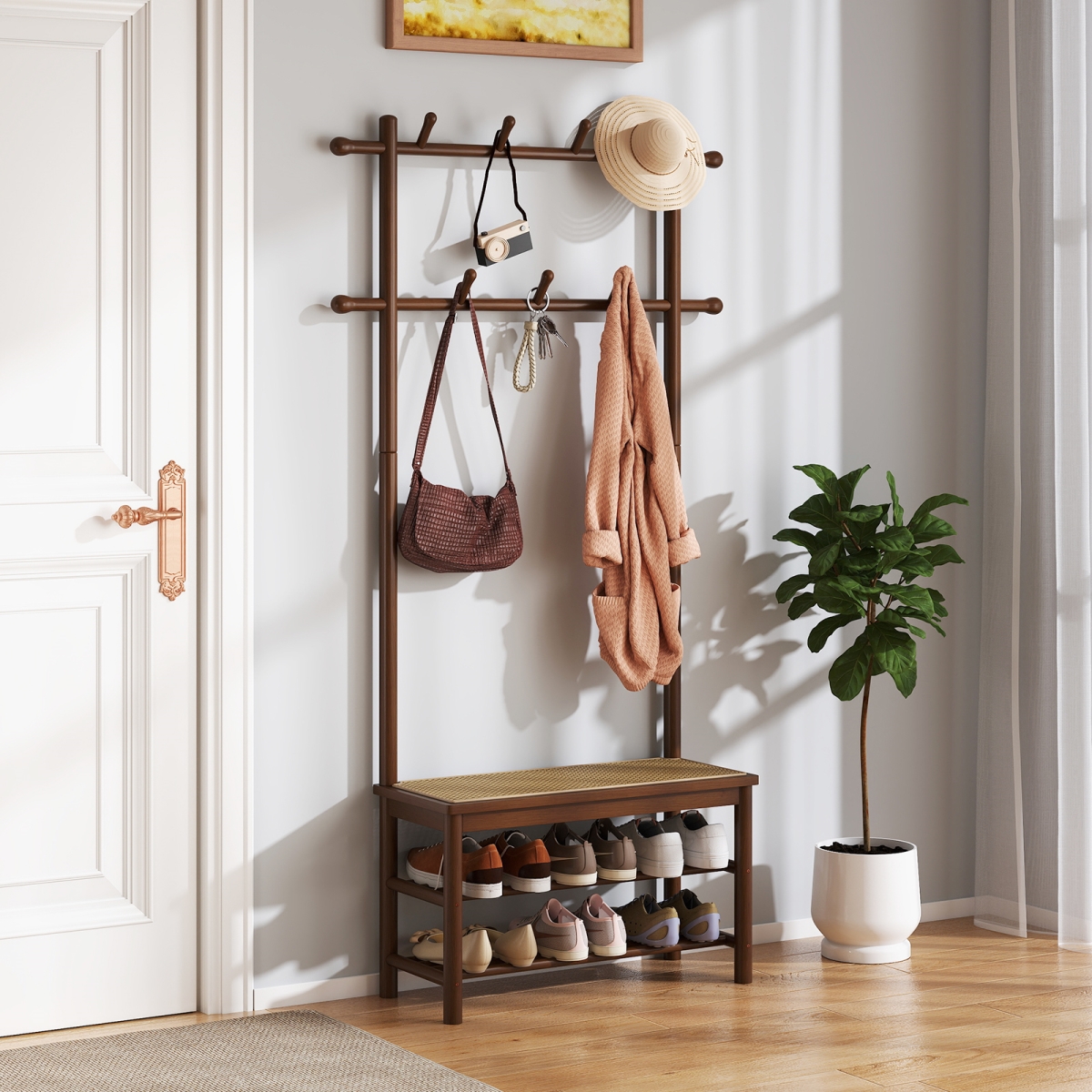 JV12779CF Bamboo Coat Rack PE Rattan Hall Tree with Bench & Shoe Storage 3-In-1 Entryway Bench, Brown