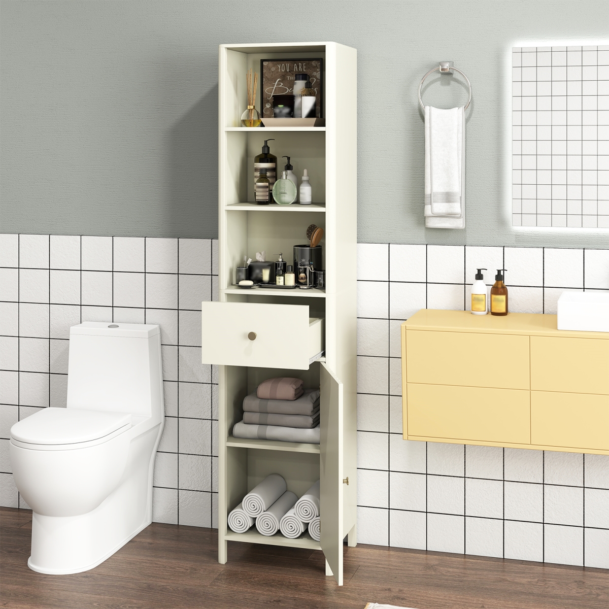 JV12869BE 67 in. Tall Bathroom Cabinet Narrow Floor Cabinet with Fluted Door, Beige