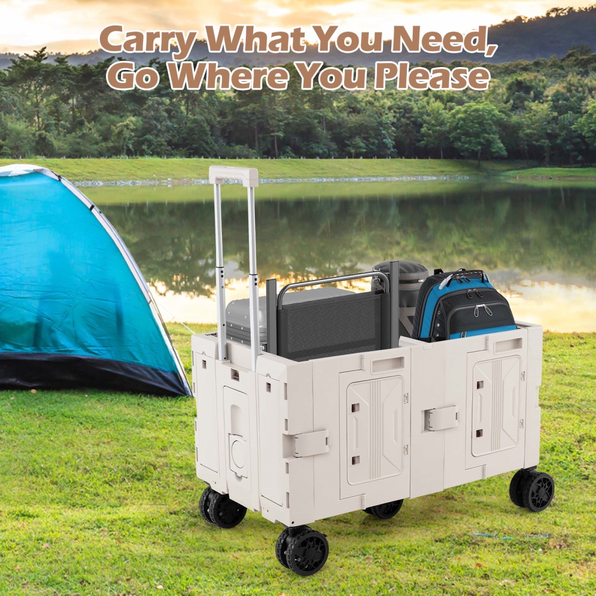 JV12891WH Large Foldable Utility Cart with 2-Tier Storage Crates & Telescoping Handle, White