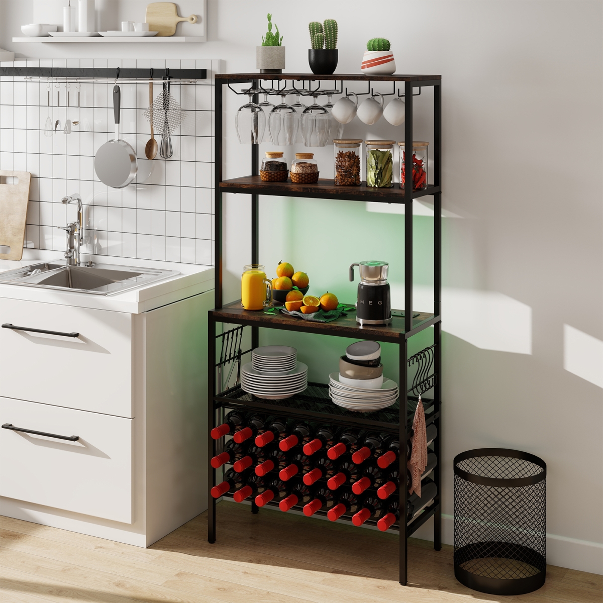 Picture of Costway JV12546US-CF Wine Organizer with Power Outlet & Bottle Holders, Rustic Brown