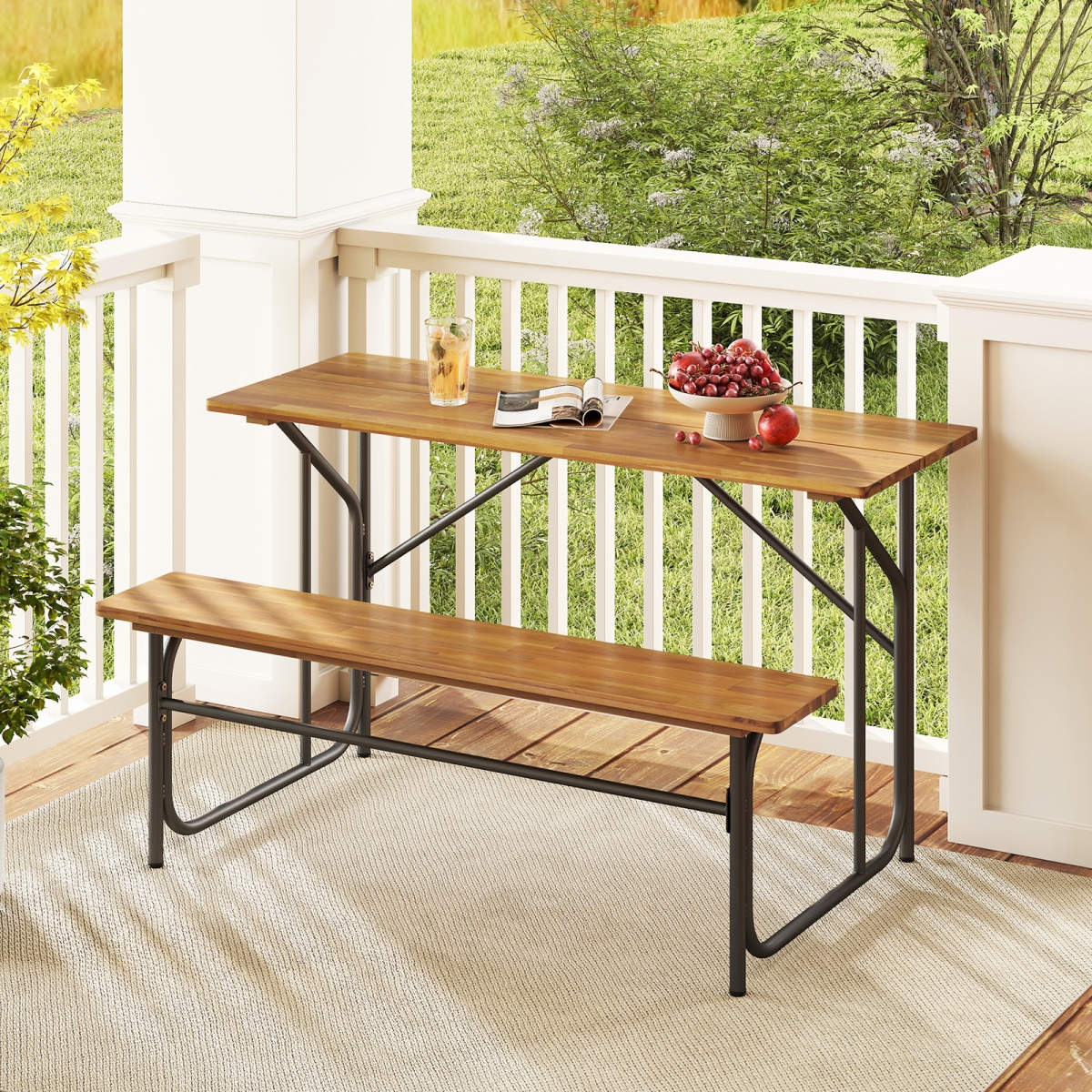 HW74255 Acacia Wood Patio Table Bench for 2 People One-Side Picnic Table, Black & Natural