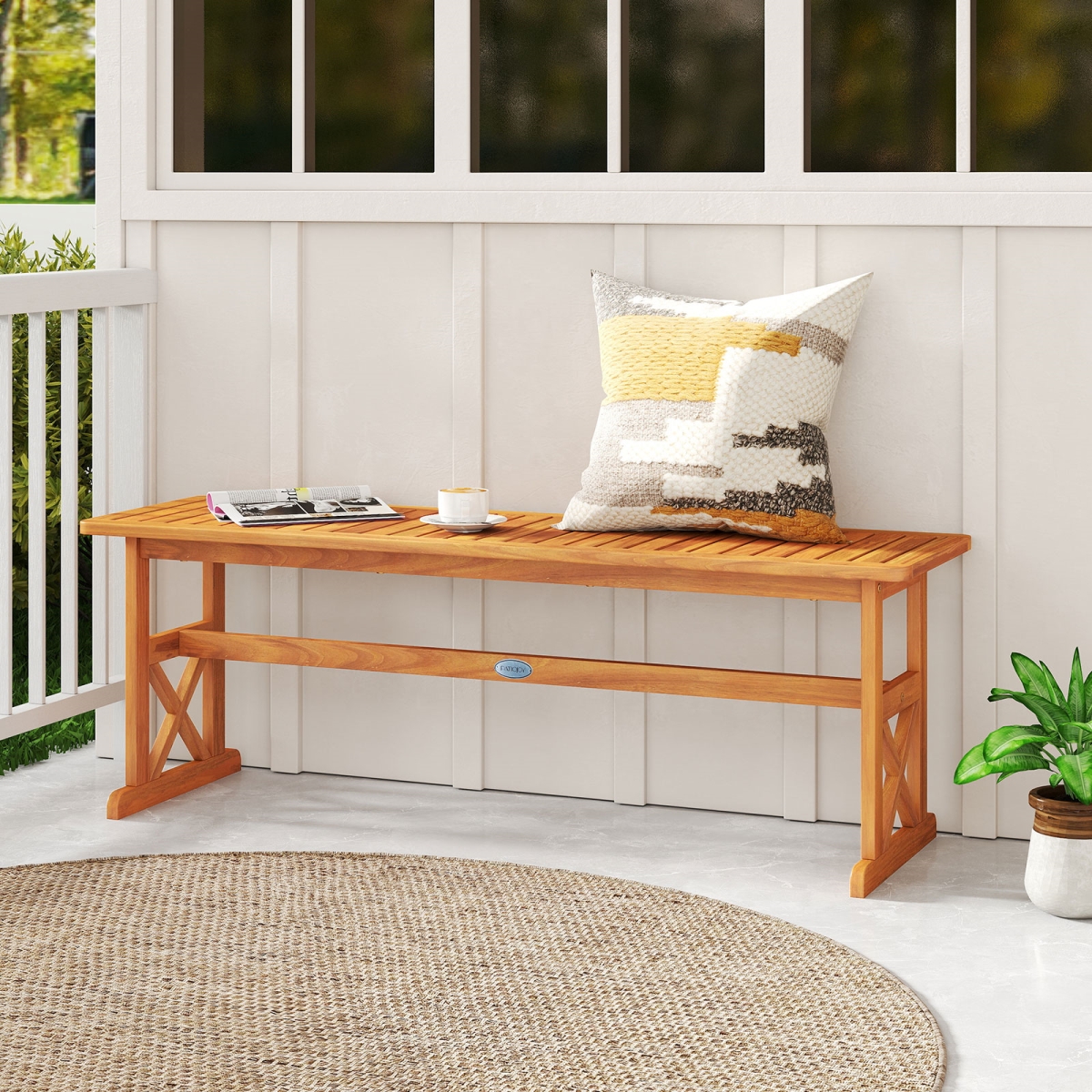 HW74550-2 51 in. Outdoor Acacia Wood Bench with Slatted Seat, Natural - 2 Piece - 800 lbs