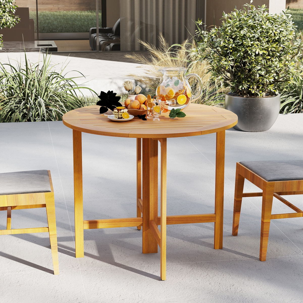 HW74551 36 in. Outdoor Folding Round Dining Table with Slatted Tabletop, Teak