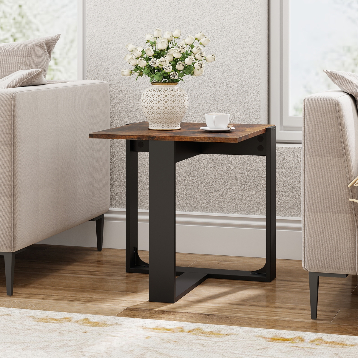 JV12682CF-2 Industrial Sofa End Table with Metal Frame, Rustic Brown & Black - Set of 2